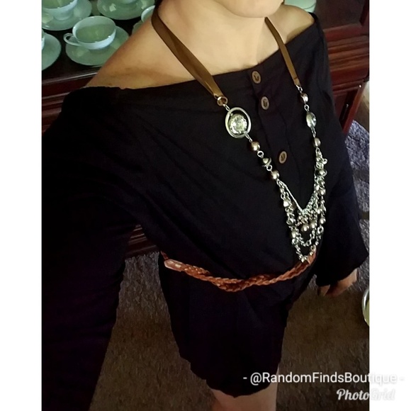 Off shoulder black dress with brown buttons & belt MEDIUM New - Picture 5 of 6